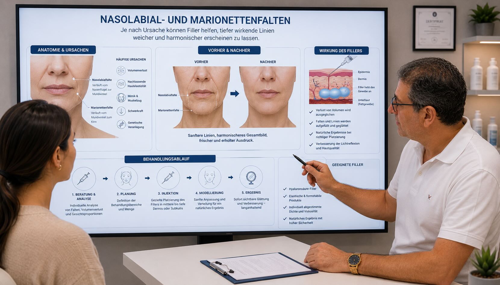 Nasolabialfalten und Marionettenfalten mit Hyaluronsaeure behandeln